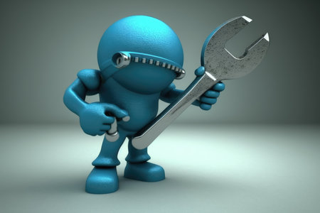 Blue robot with spanner in gray backgroundの素材
