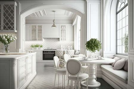 White kitchen in classic style with marble countertopの素材