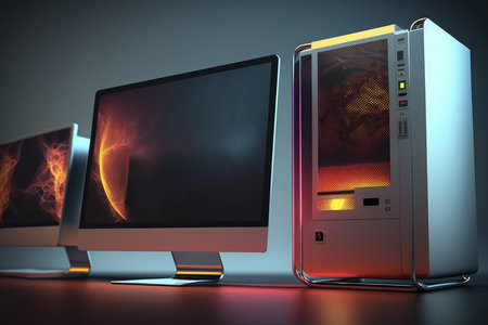 Modern computer monitors with high tech screensの素材