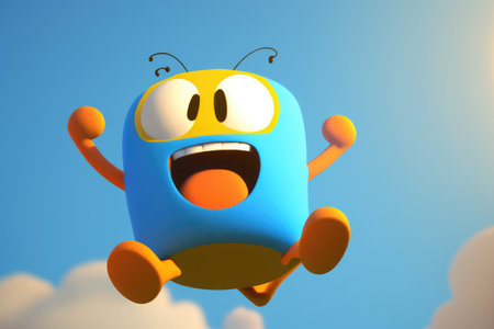 Blue robot flying in the blue skyの素材