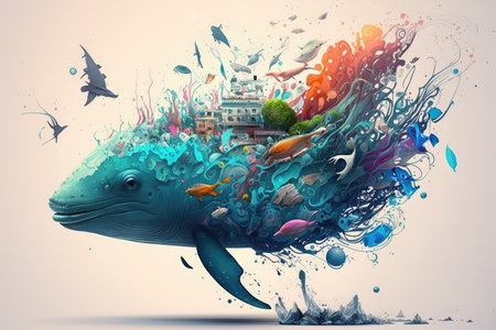 Whale underwater with sea life conceptの素材
