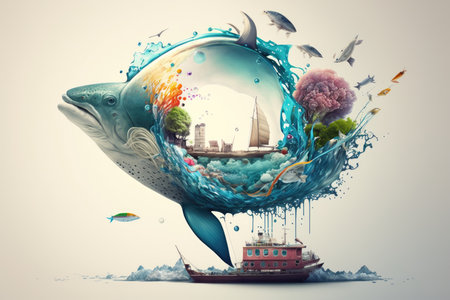 Surreal image of underwater world with fish and shipの素材