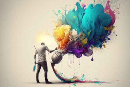 Young man with bucket of colorful paint splashing out of it conceptの素材