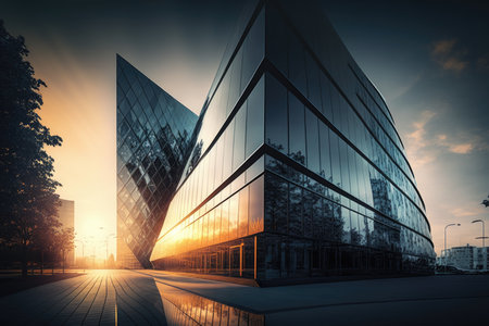 Modern office building in the city at sunsetの素材