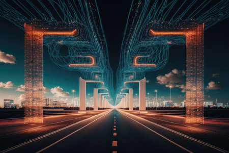 Highway in the city with glowing linesの素材