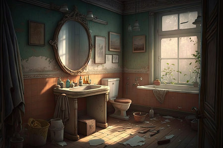 Old bathroom in an abandoned house with a large windowの素材