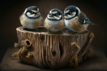 Three small birds sitting on a wooden stump in the studio on a dark backgroundの素材