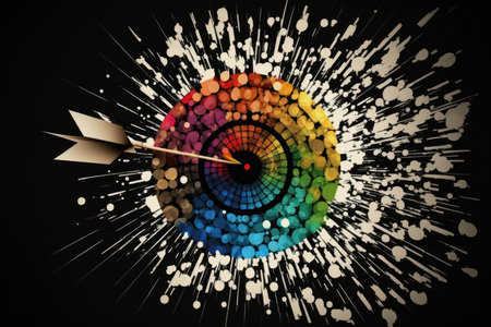 Archery target with colorful splashes on black backgroundの素材