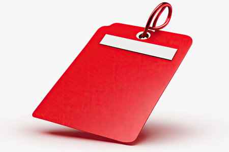 Red tag with white rectangular stripe, isolated on white backgroundの素材