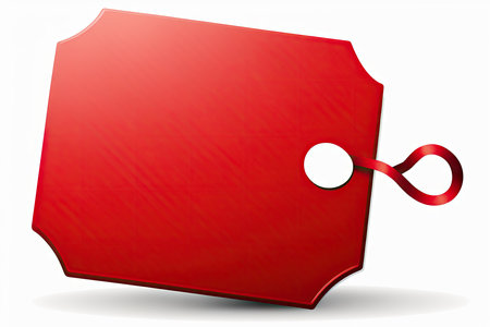 Red blank tag with cut corners and red ribbon on a white backgroundの素材