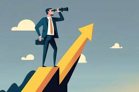 Businessman on top of the chart looking through binoculars into the distanceの素材