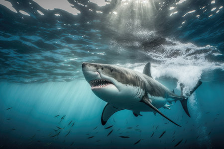 A great white shark swims with its mouth open in the oceanの素材