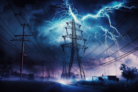 Electricity pylons and lightning at nightの素材