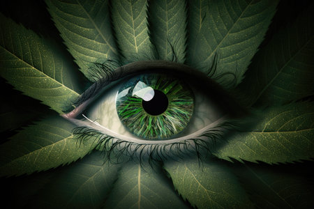 green eye with leaves in the backgroundの素材