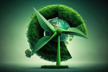 Ecology concept with wind turbines and green planetの素材