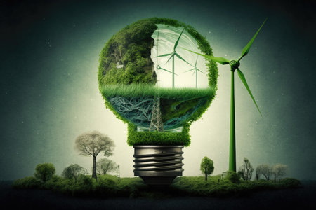 Ecology lightbulb with green grass and wind turbines as an alternative energy conceptの素材