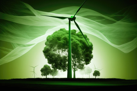 Wind turbine against green background with vignette for eco friendly conceptの素材