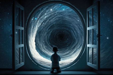 Little boy in front of the window looking at the outer spaceの素材