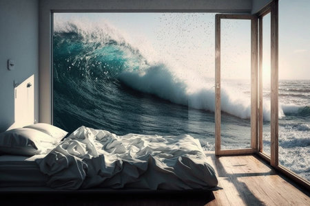 Sea wave breaking through the window in a bedroomの素材