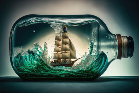 Sailing ship in a bottle with water splashesの素材