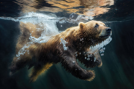 Brown bear swims in the water and splashes of waterの素材