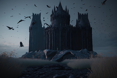 Fantasy landscape with castle and ravensの素材