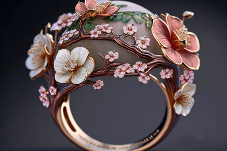 Wedding ring decorated with flowers and leaves on a dark backgroundの素材