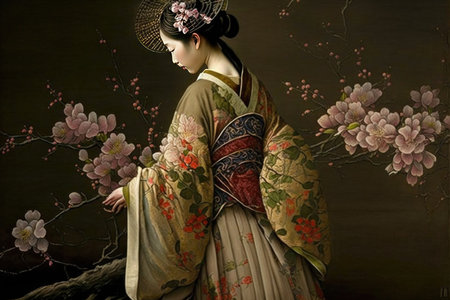 Geisha in traditional Japanese kimono with her back turned, touching flowersの素材