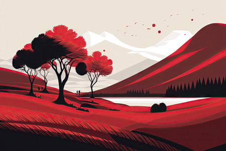 Illustration of a beautiful landscape with trees, mountains and lakeの素材