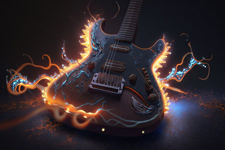 Electric guitar in flames on dark backgroundの素材