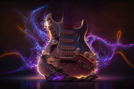 Electric guitar surrounded by lines of blue light on a dark backgroundの素材