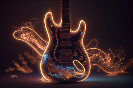 Electric guitar with flames and smoke on dark backgroundの素材