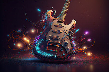 Electric guitar with glowing lights on dark backgroundの素材