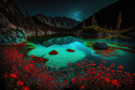 Mountain lake at night with starry sky and red flowersの素材