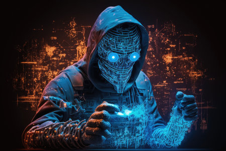 Hacker in hood stealing data concept on dark background with city lightsの素材