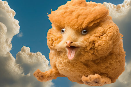 Funny toy chicken on a background of blue sky with cloudsの素材