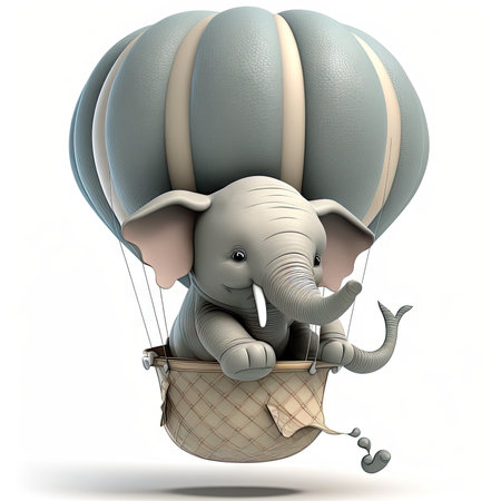 Cartoon elephant flying in a hot air balloonの素材