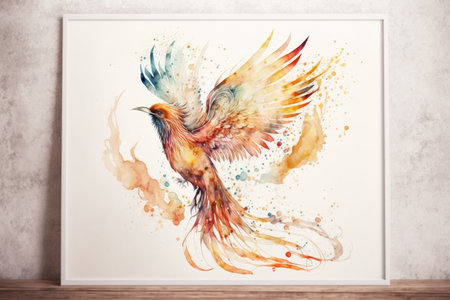 A hand-drawn, colorful rooster bird with spread wings on a white posterの素材