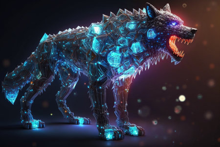 Futuristic wolf with glowing wire frame in dark backgroundの素材