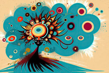 Girl in a turquoise background with circles and spotsの素材