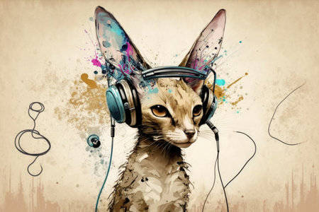 Colorful portrait of a cat with headphones listening to music on a grunge backgroundの素材