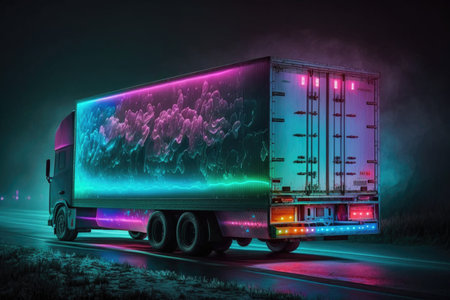 Cargo truck with glowing lights on the road at nightの素材