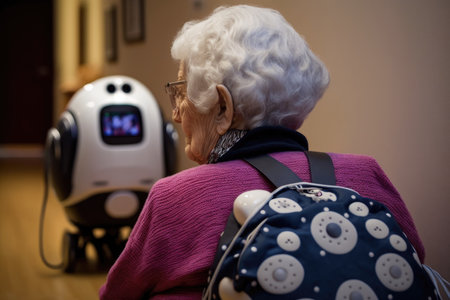 Elderly woman looking at a robot in a home environmentの素材