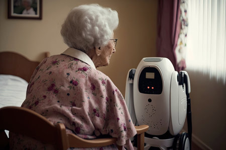 An elderly woman uses a robotic assistant at home. side viewの素材