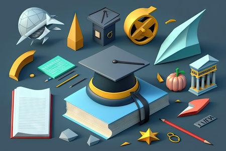 Isometric education concept with academic cap, books and school suppliesの素材