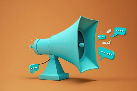 Megaphone with speech bubbles isolated on orange backgroundの素材