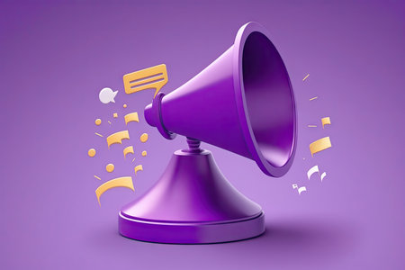 Purple megaphone with speech bubbles on purple backgroundの素材