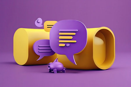 Piggy bank with speech bubbles on a purple backgroundの素材