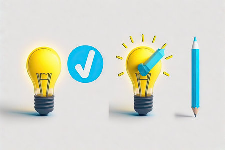 Idea concept with yellow light bulb and blue pencil on white backgroundの素材