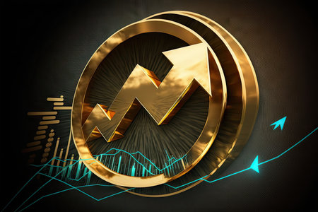 Graph in golden circle over dark background with chartsの素材